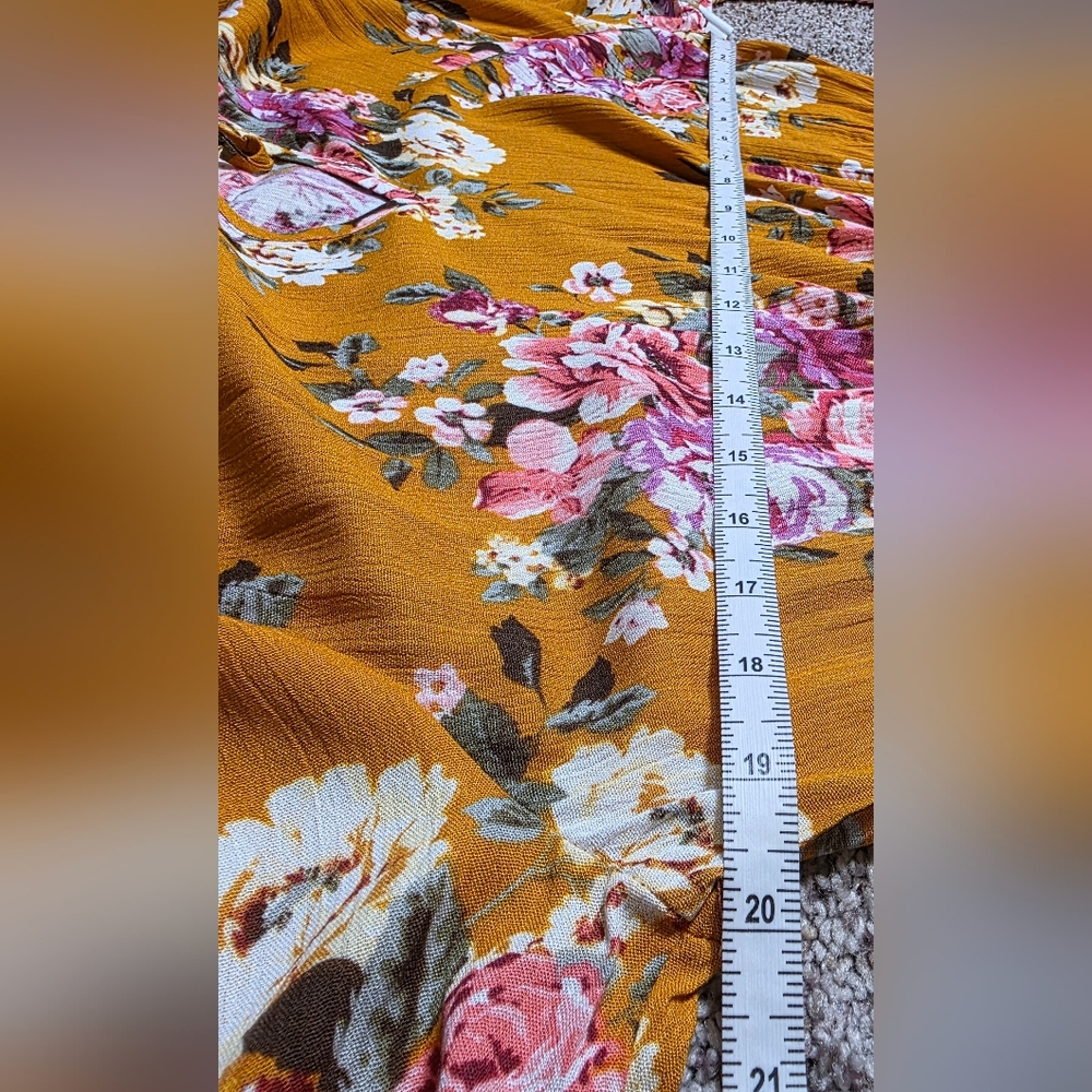 KORI America Boutique Floral Golden Yellow Dress Boho Romantic Tie-Neck – Size L - Picture 16 of 17